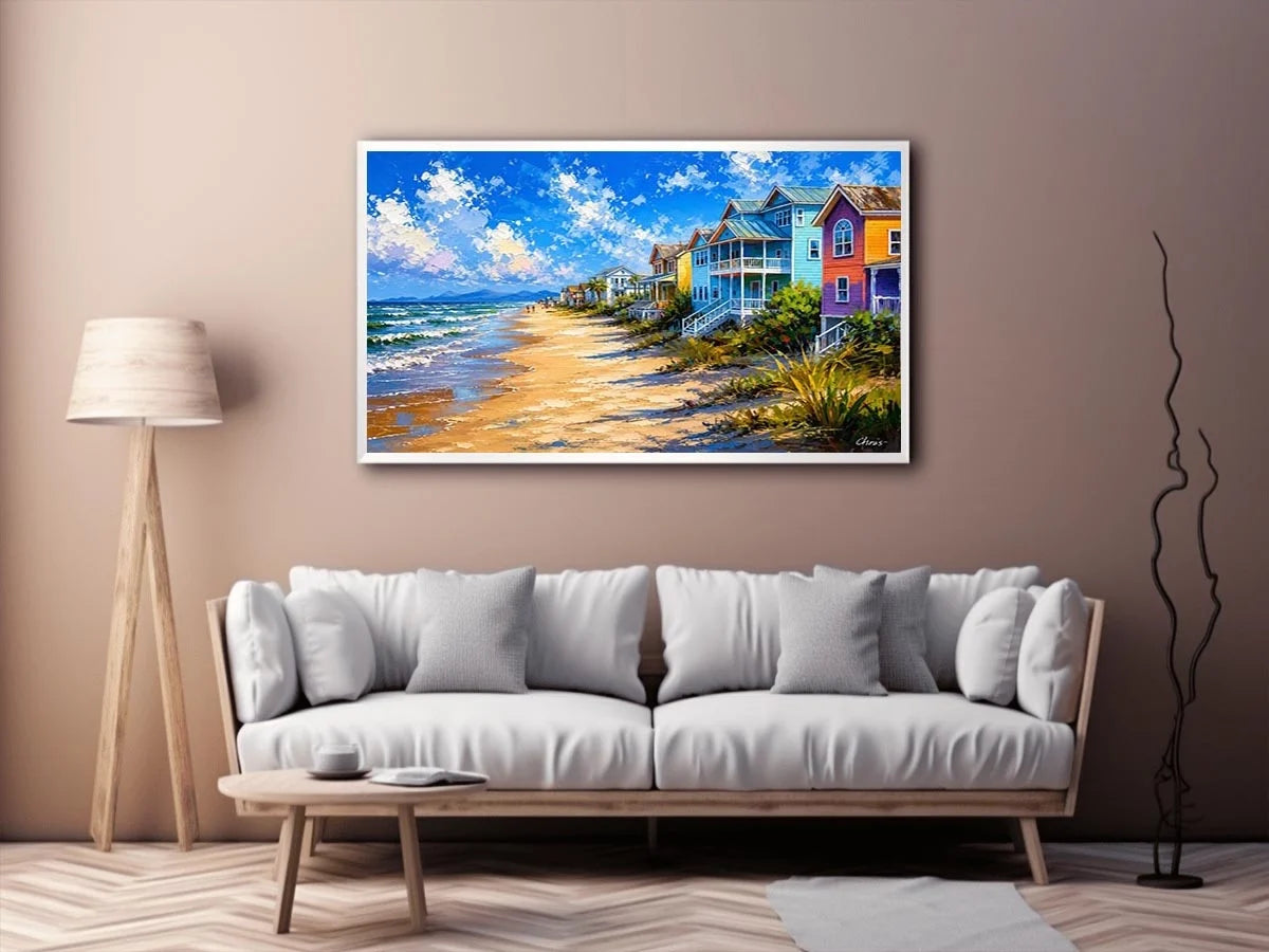 Colorful coastal beach house wall art with ocean waves, pastel seaside homes, and bright tropical shoreline painting