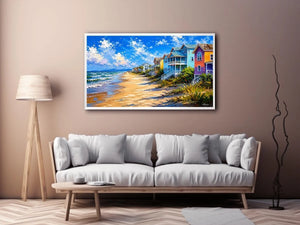Colorful coastal beach house wall art with ocean waves, pastel seaside homes, and bright tropical shoreline painting