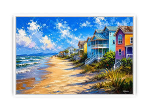 Colorful coastal beach house wall art with ocean waves, pastel seaside homes, and bright tropical shoreline painting