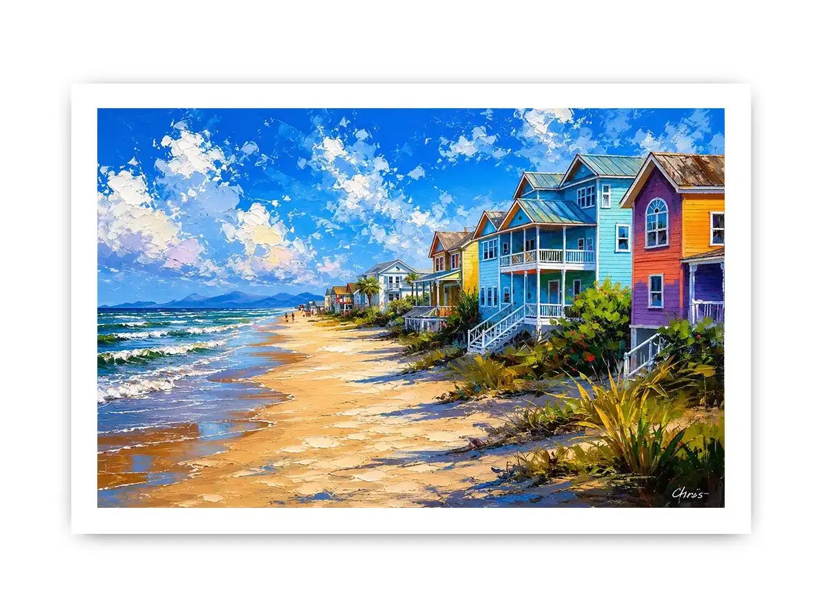 Colorful coastal beach house wall art with ocean waves, pastel seaside homes, and bright tropical shoreline painting