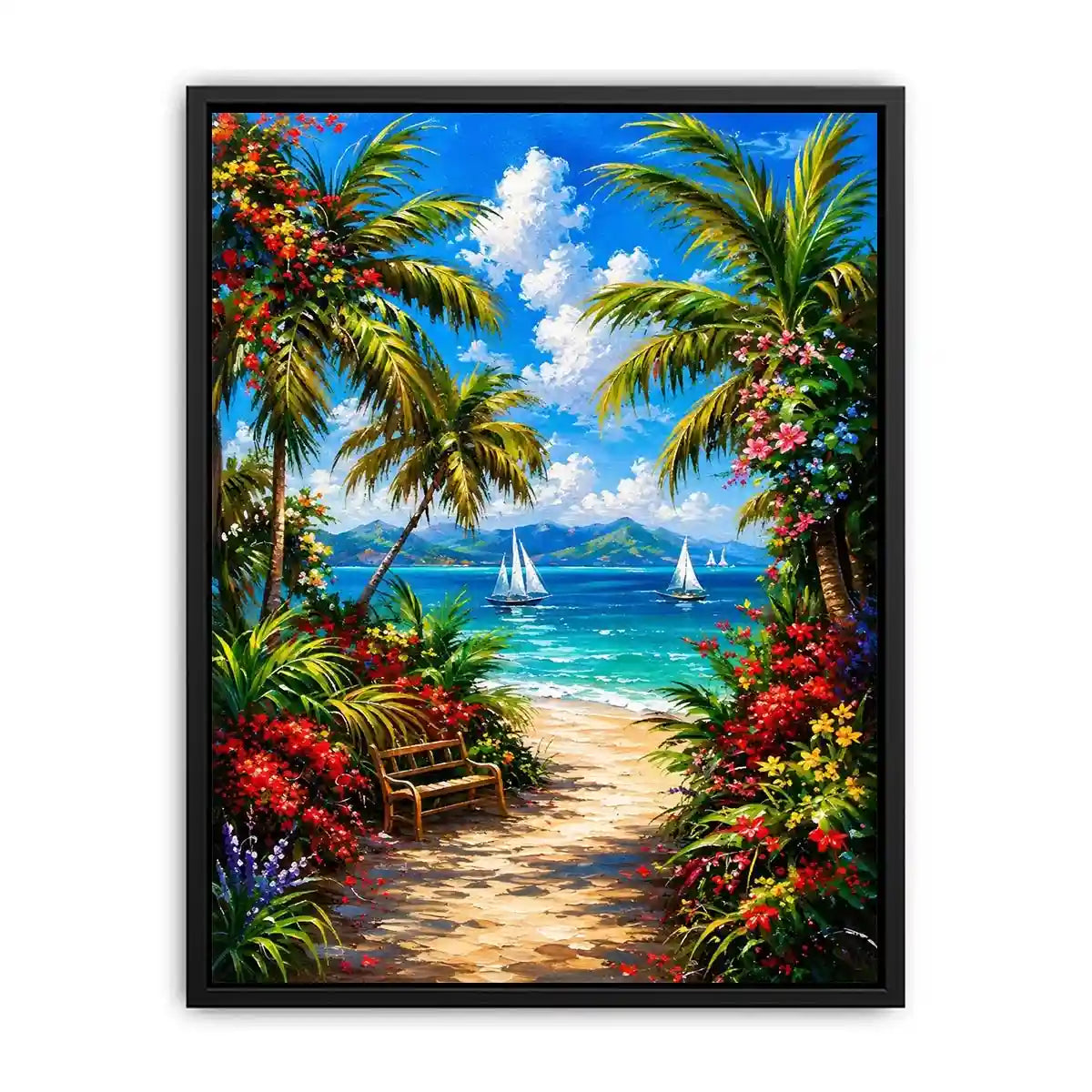 Luxury tropical beach wall art with palm trees, colorful flowers, turquoise ocean, and sailboats in paradise scenery