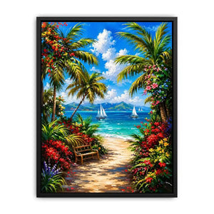 Luxury tropical beach wall art with palm trees, colorful flowers, turquoise ocean, and sailboats in paradise scenery
