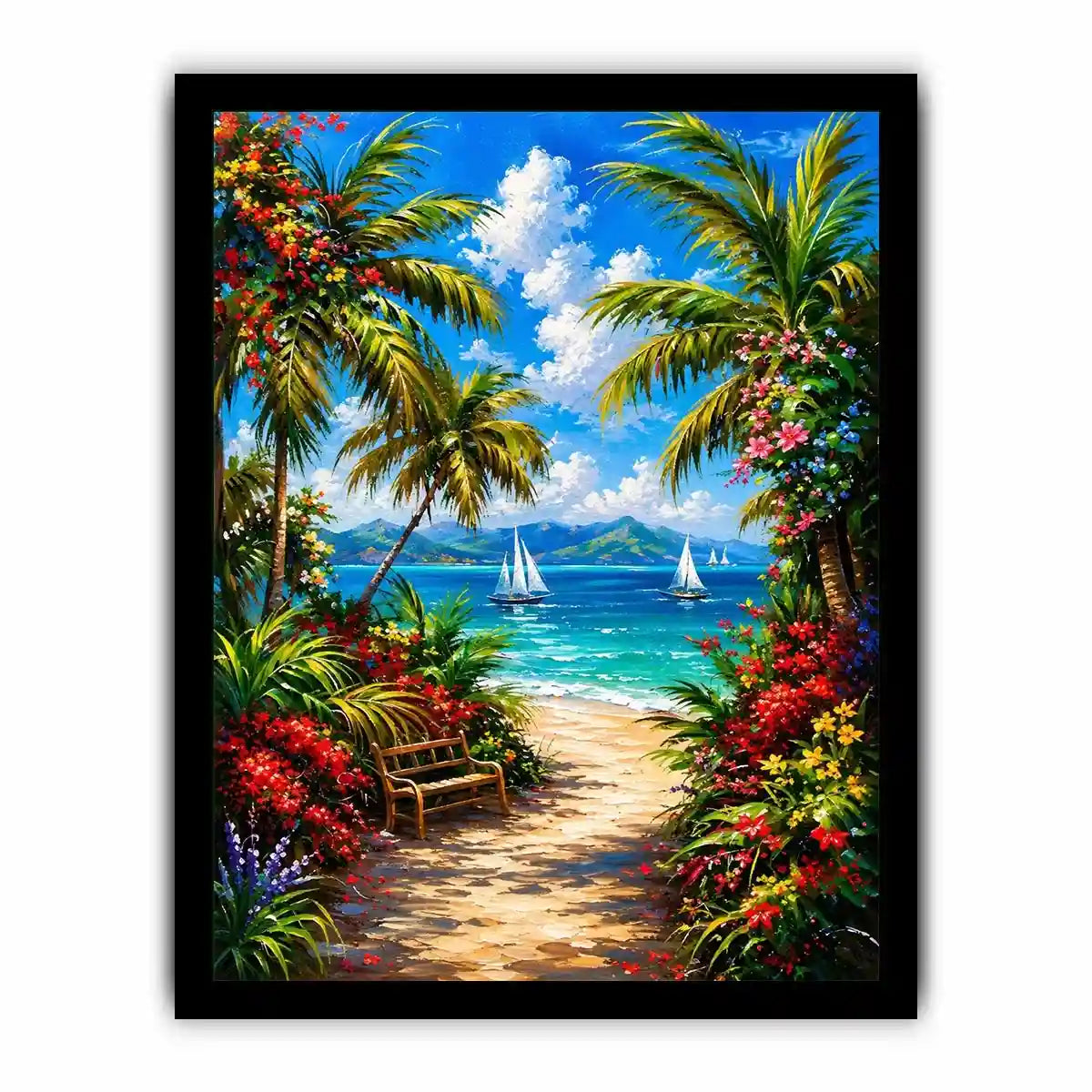 Luxury tropical beach wall art with palm trees, colorful flowers, turquoise ocean, and sailboats in paradise scenery