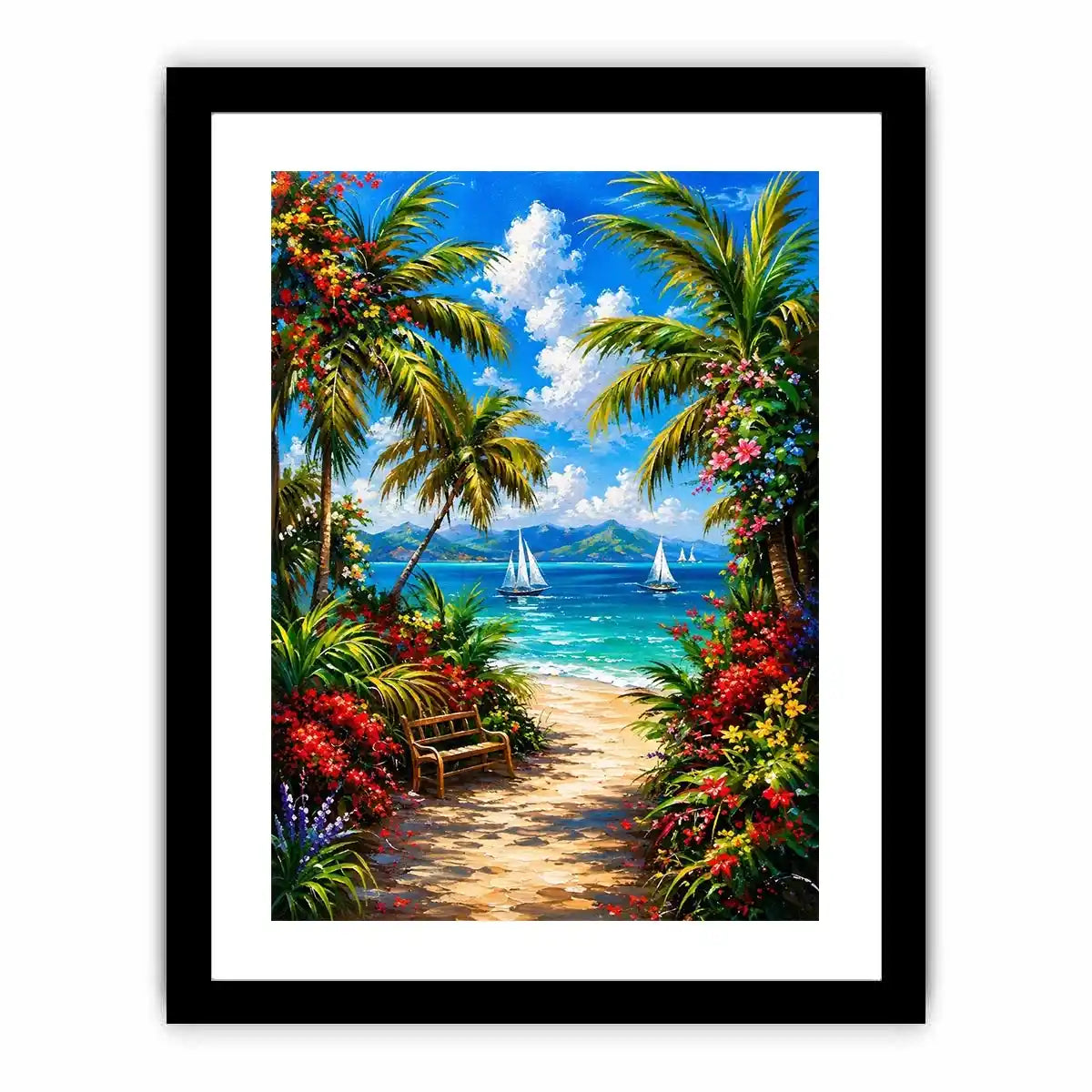 Luxury tropical beach wall art with palm trees, colorful flowers, turquoise ocean, and sailboats in paradise scenery