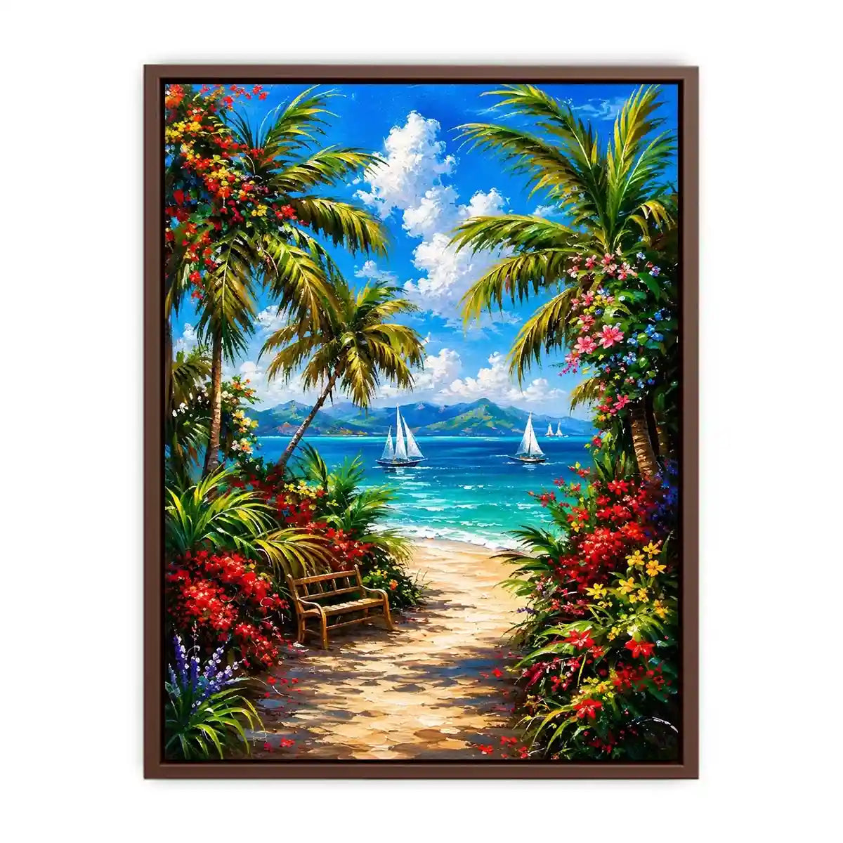 Luxury tropical beach wall art with palm trees, colorful flowers, turquoise ocean, and sailboats in paradise scenery