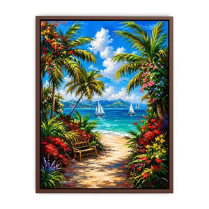 Luxury tropical beach wall art with palm trees, colorful flowers, turquoise ocean, and sailboats in paradise scenery