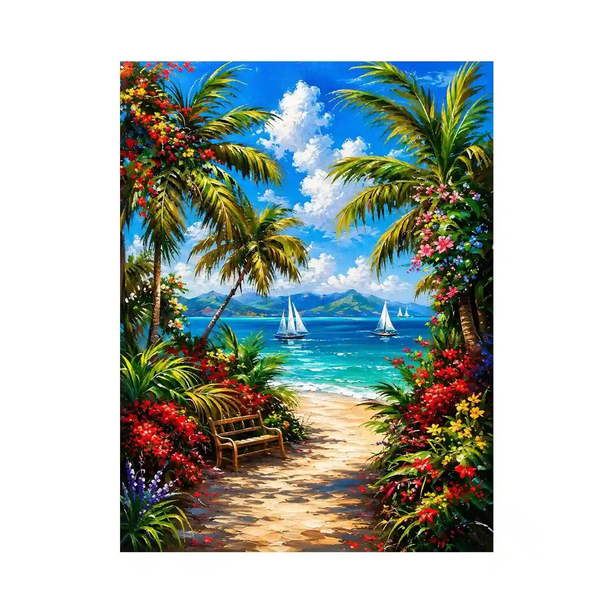 Luxury tropical beach wall art with palm trees, colorful flowers, turquoise ocean, and sailboats in paradise scenery