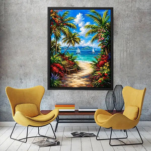 Luxury tropical beach wall art with palm trees, colorful flowers, turquoise ocean, and sailboats in paradise scenery