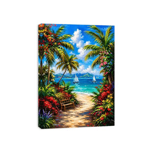 Luxury tropical beach wall art with palm trees, colorful flowers, turquoise ocean, and sailboats in paradise scenery