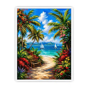 Luxury tropical beach wall art with palm trees, colorful flowers, turquoise ocean, and sailboats in paradise scenery