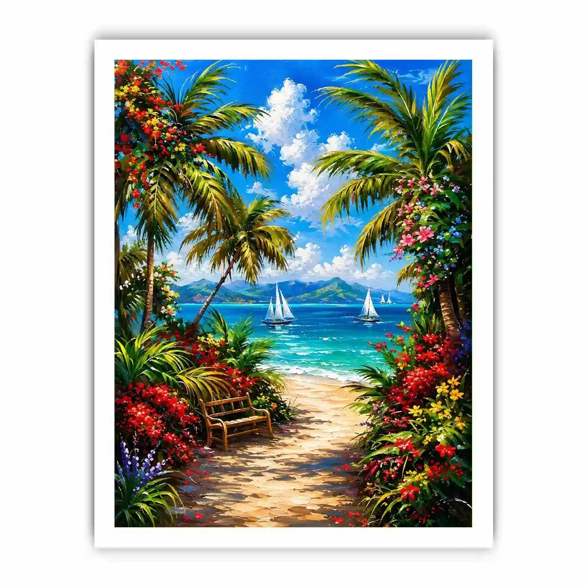 Luxury tropical beach wall art with palm trees, colorful flowers, turquoise ocean, and sailboats in paradise scenery