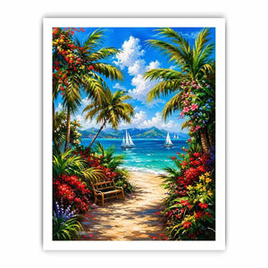 Luxury tropical beach wall art with palm trees, colorful flowers, turquoise ocean, and sailboats in paradise scenery