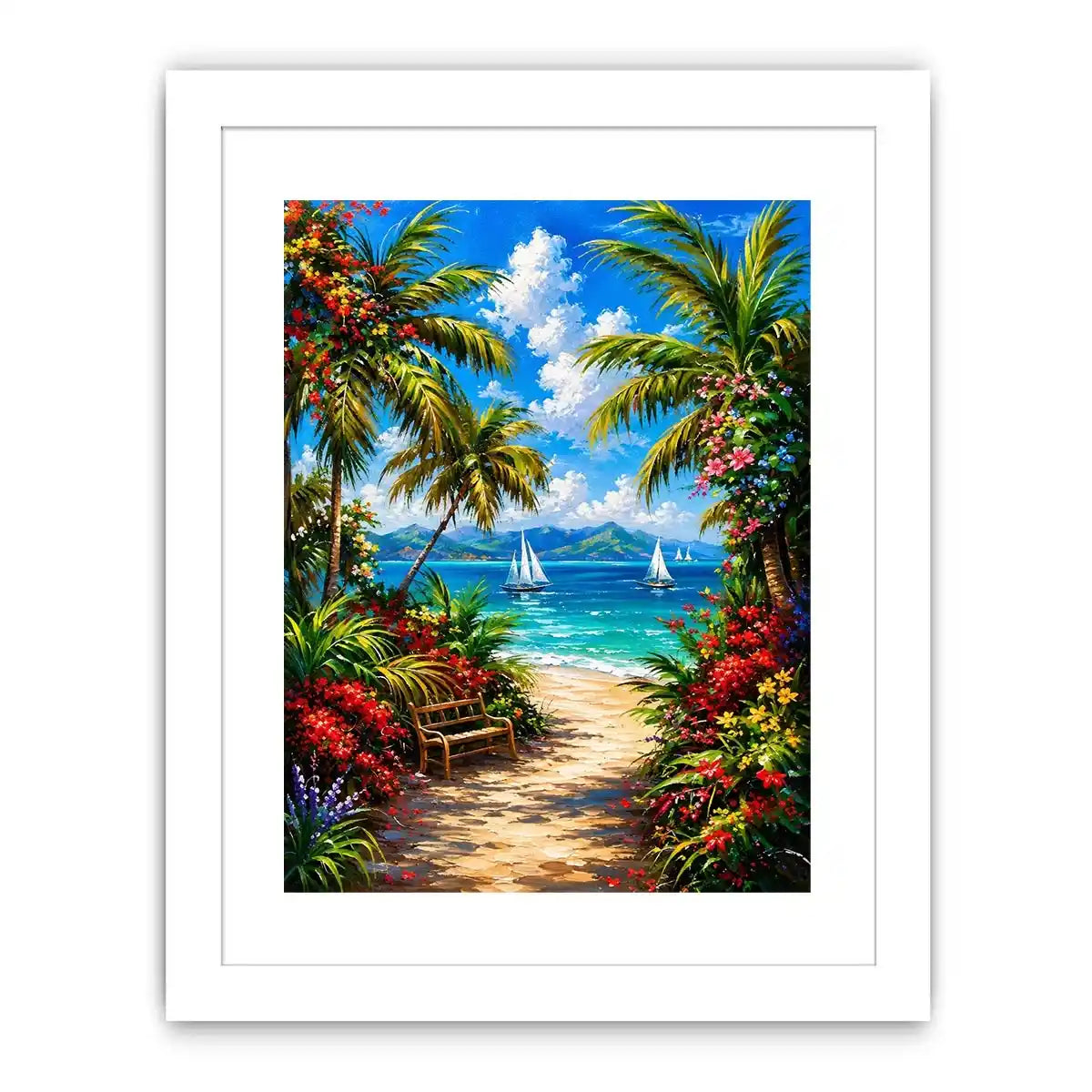 Luxury tropical beach wall art with palm trees, colorful flowers, turquoise ocean, and sailboats in paradise scenery