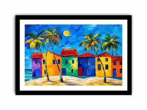 Colorful tropical beach house wall art with palm trees, vibrant coastal village, and bright modern abstract painting