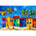 Colorful tropical beach house wall art with palm trees, vibrant coastal village, and bright modern abstract painting