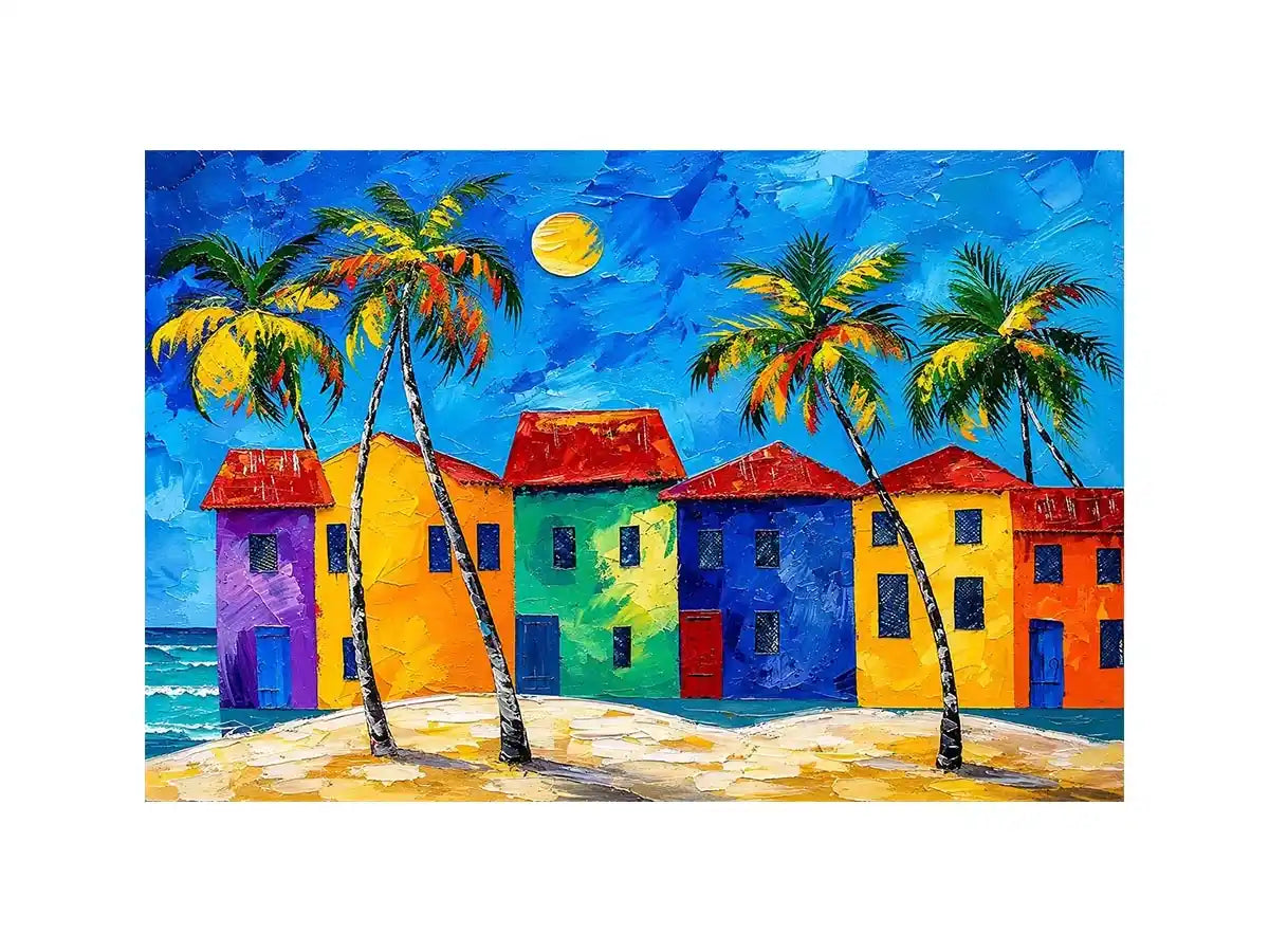 Colorful tropical beach house wall art with palm trees, vibrant coastal village, and bright modern abstract painting