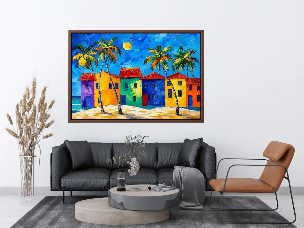 Colorful tropical beach house wall art with palm trees, vibrant coastal village, and bright modern abstract painting