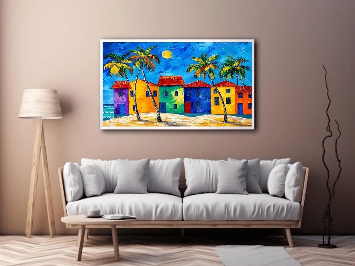 Colorful tropical beach house wall art with palm trees, vibrant coastal village, and bright modern abstract painting