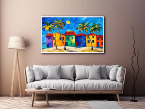 Colorful tropical beach house wall art with palm trees, vibrant coastal village, and bright modern abstract painting