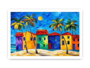 Colorful tropical beach house wall art with palm trees, vibrant coastal village, and bright modern abstract painting