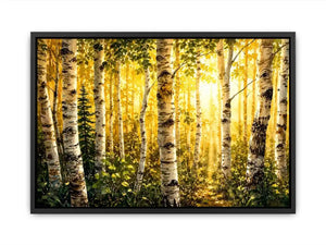 Watercolor birch forest wall art with soft golden sunlight, earthy woodland tones, and peaceful nature scenery
