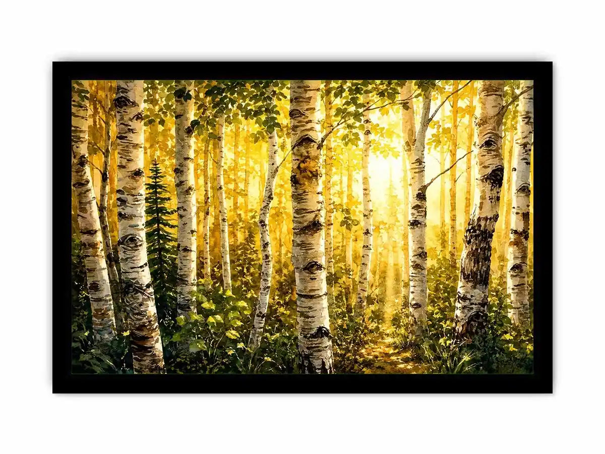 Watercolor birch forest wall art with soft golden sunlight, earthy woodland tones, and peaceful nature scenery