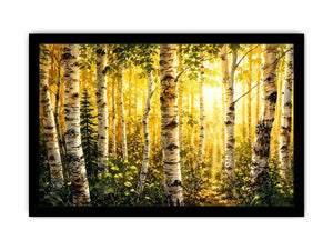 Watercolor birch forest wall art with soft golden sunlight, earthy woodland tones, and peaceful nature scenery