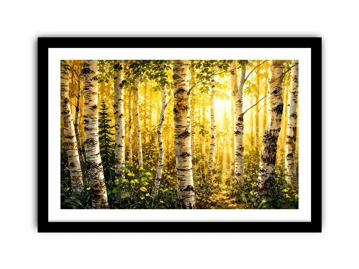 Watercolor birch forest wall art with soft golden sunlight, earthy woodland tones, and peaceful nature scenery