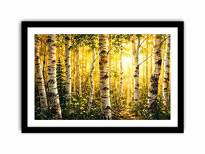 Watercolor birch forest wall art with soft golden sunlight, earthy woodland tones, and peaceful nature scenery