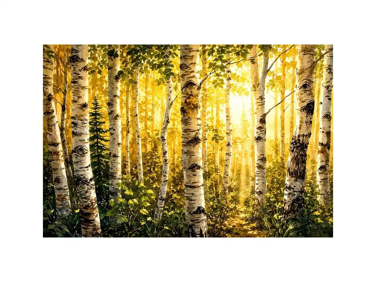 Watercolor birch forest wall art with soft golden sunlight, earthy woodland tones, and peaceful nature scenery