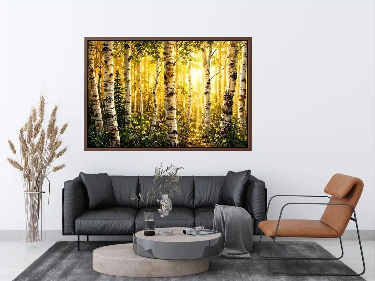 Watercolor birch forest wall art with soft golden sunlight, earthy woodland tones, and peaceful nature scenery