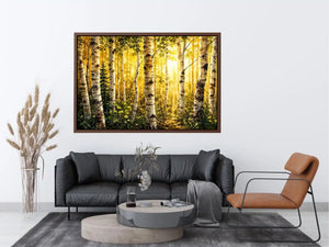 Watercolor birch forest wall art with soft golden sunlight, earthy woodland tones, and peaceful nature scenery