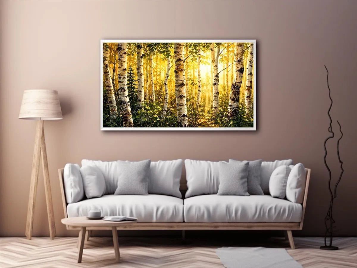 Watercolor birch forest wall art with soft golden sunlight, earthy woodland tones, and peaceful nature scenery