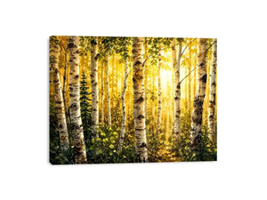 Watercolor birch forest wall art with soft golden sunlight, earthy woodland tones, and peaceful nature scenery