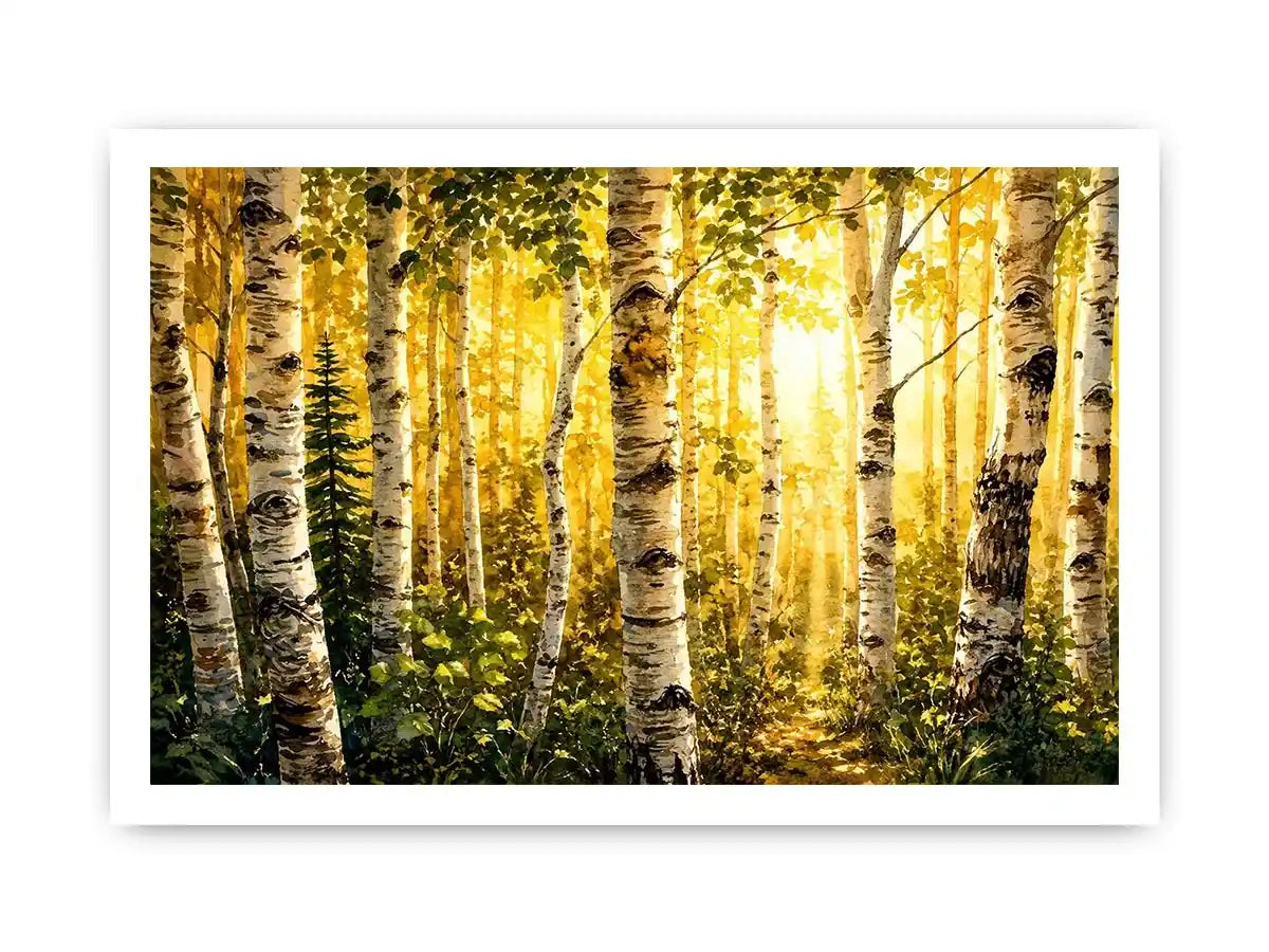 Watercolor birch forest wall art with soft golden sunlight, earthy woodland tones, and peaceful nature scenery