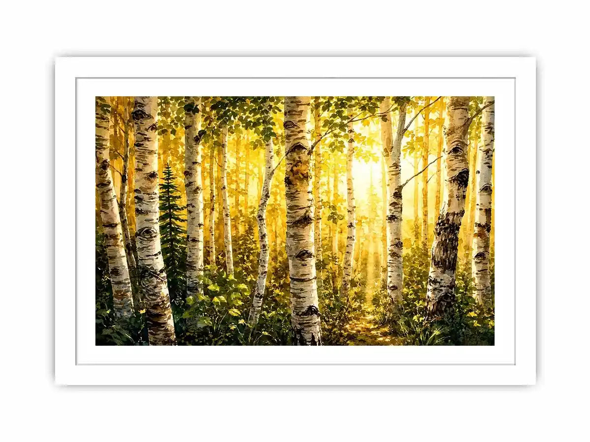 Watercolor birch forest wall art with soft golden sunlight, earthy woodland tones, and peaceful nature scenery