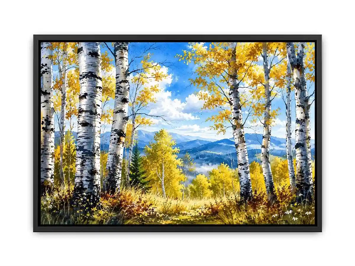 Watercolor birch forest wall art with golden autumn leaves, blue sky, and peaceful woodland landscape scenery