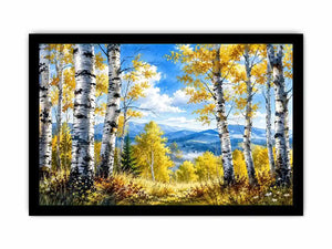 Watercolor birch forest wall art with golden autumn leaves, blue sky, and peaceful woodland landscape scenery
