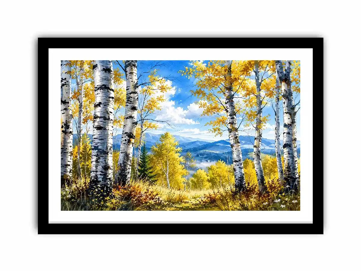 Watercolor birch forest wall art with golden autumn leaves, blue sky, and peaceful woodland landscape scenery