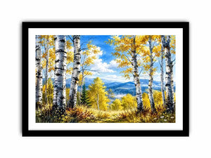 Watercolor birch forest wall art with golden autumn leaves, blue sky, and peaceful woodland landscape scenery