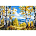 Watercolor birch forest wall art with golden autumn leaves, blue sky, and peaceful woodland landscape scenery