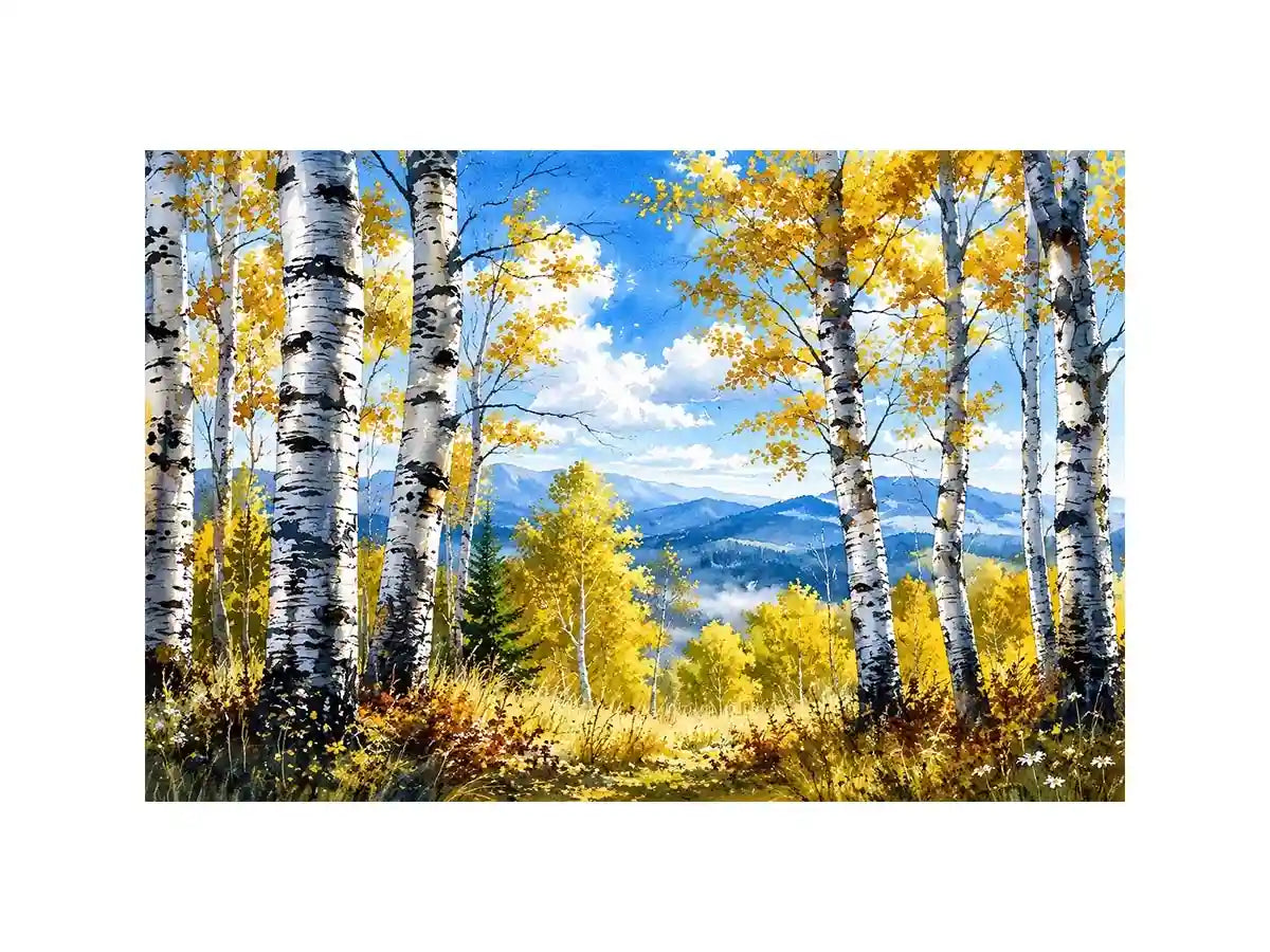 Watercolor birch forest wall art with golden autumn leaves, blue sky, and peaceful woodland landscape scenery