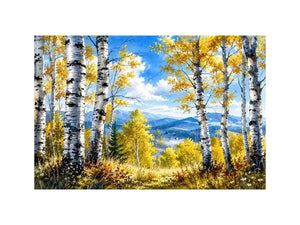 Watercolor birch forest wall art with golden autumn leaves, blue sky, and peaceful woodland landscape scenery