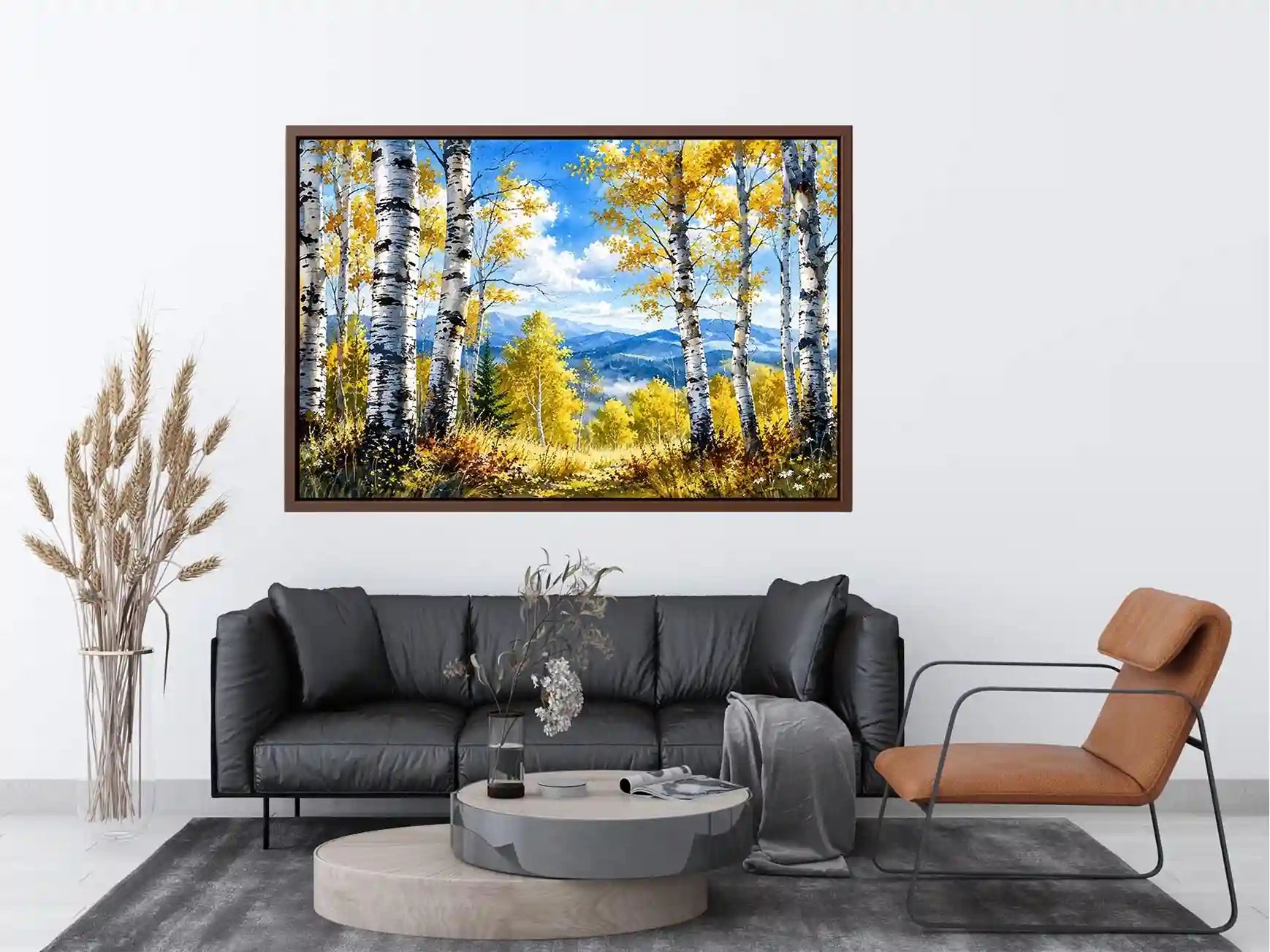 Watercolor birch forest wall art with golden autumn leaves, blue sky, and peaceful woodland landscape scenery