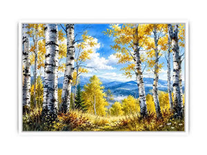 Watercolor birch forest wall art with golden autumn leaves, blue sky, and peaceful woodland landscape scenery