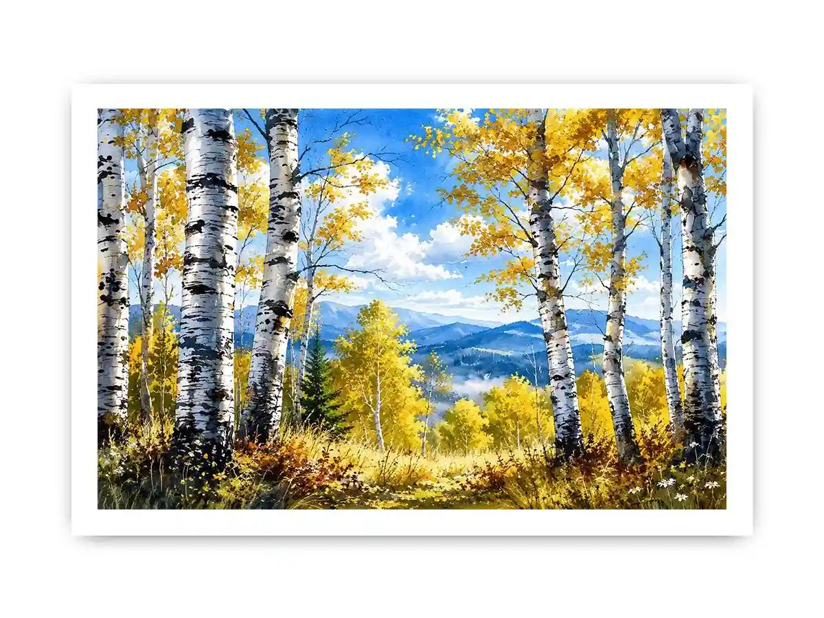 Watercolor birch forest wall art with golden autumn leaves, blue sky, and peaceful woodland landscape scenery