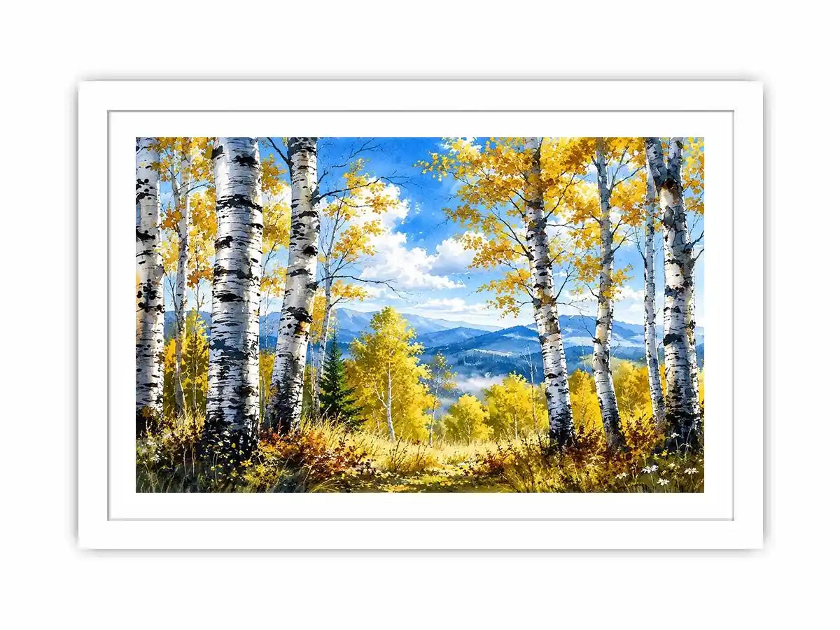 Watercolor birch forest wall art with golden autumn leaves, blue sky, and peaceful woodland landscape scenery