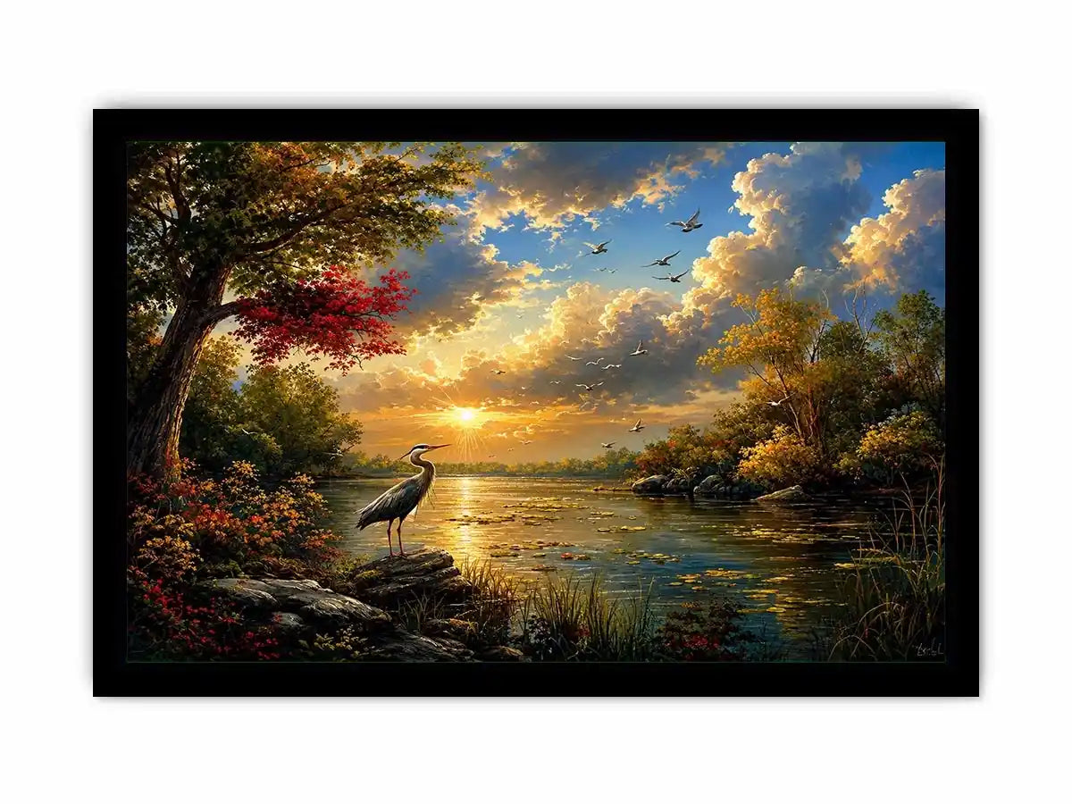 Serene heron lake landscape wall art with dramatic sunset sky, calm water reflections, and peaceful nature scenery