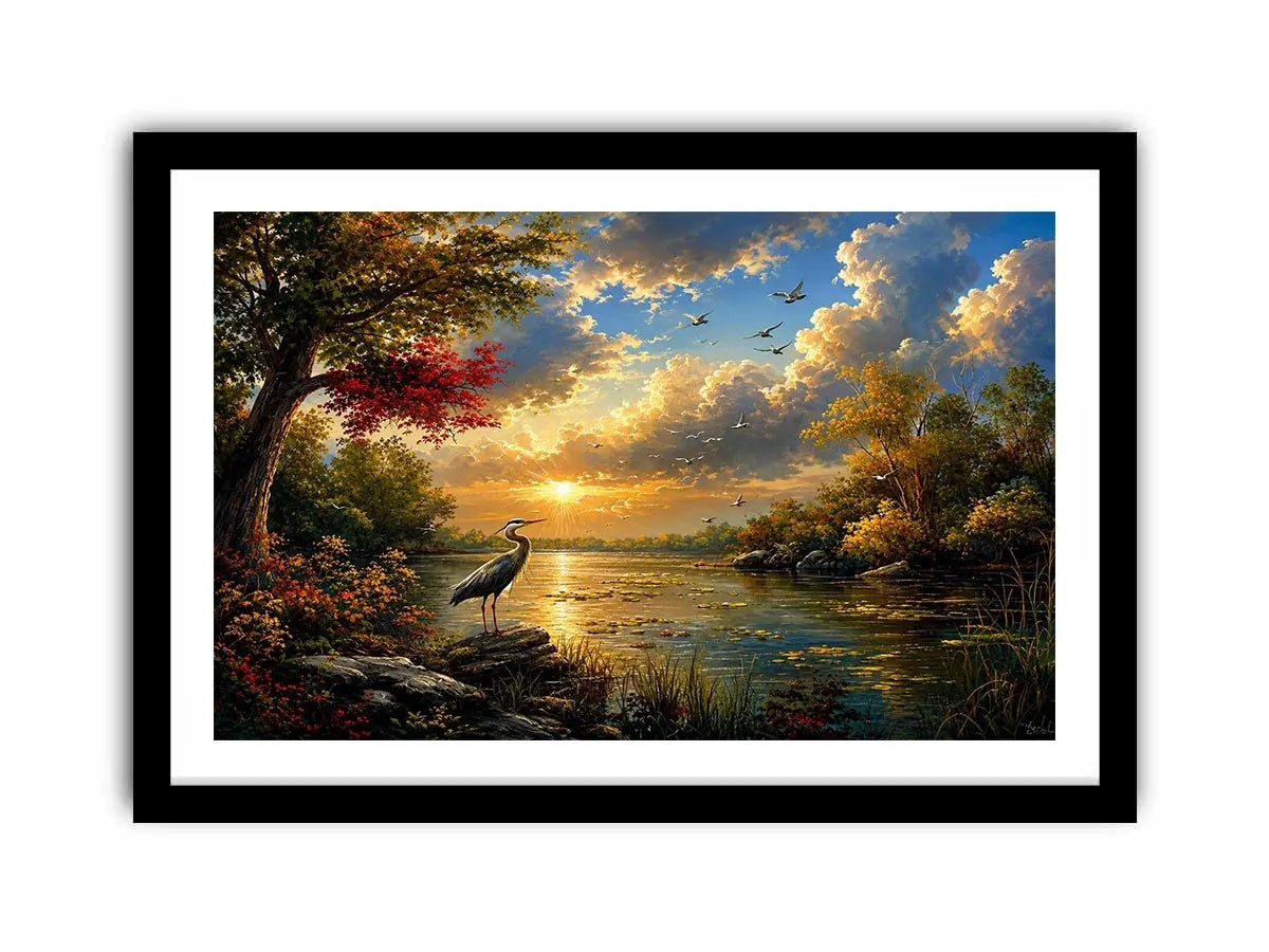 Serene heron lake landscape wall art with dramatic sunset sky, calm water reflections, and peaceful nature scenery