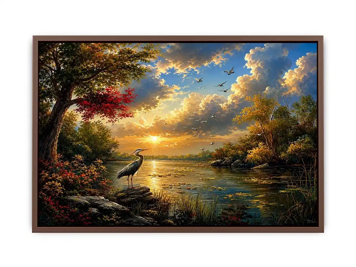 Serene heron lake landscape wall art with dramatic sunset sky, calm water reflections, and peaceful nature scenery